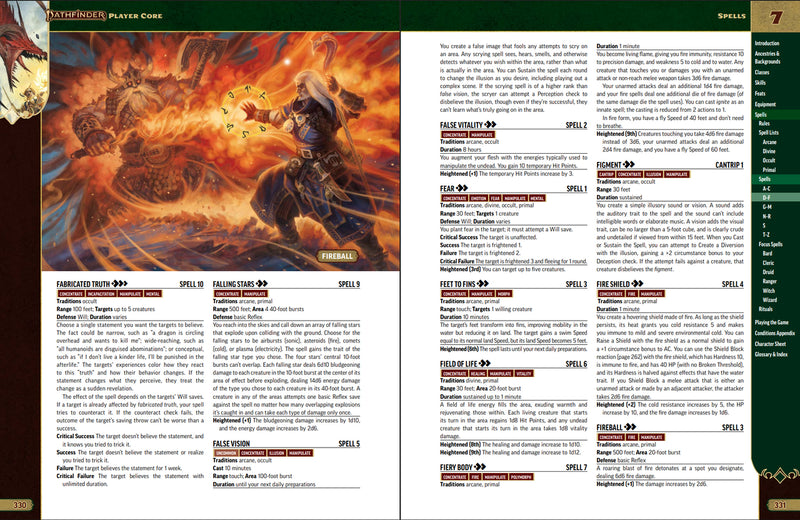 Game rulebook page with a character casting a spell and detailed text on the right.