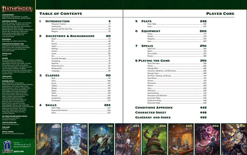 Table of contents for a Pathfinder game book with colorful illustrations at the bottom.