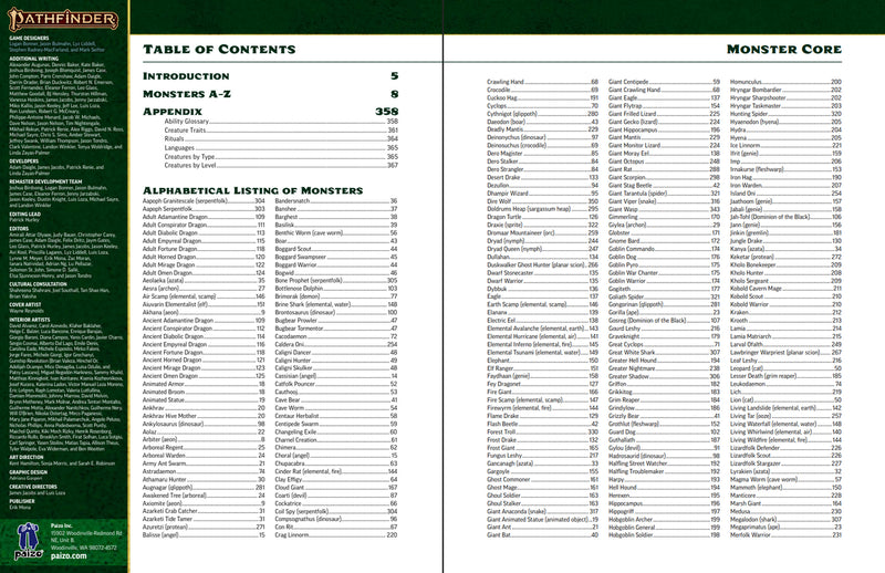Table of contents and monster list from a Pathfinder game book