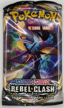 Pokémon Sword & Shield Rebel Clash trading card game pack with a Pokémon character on the cover.