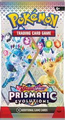 Pokemon Prismatic Evolutions booster pack packaging featuring Glaceon and Leafeon