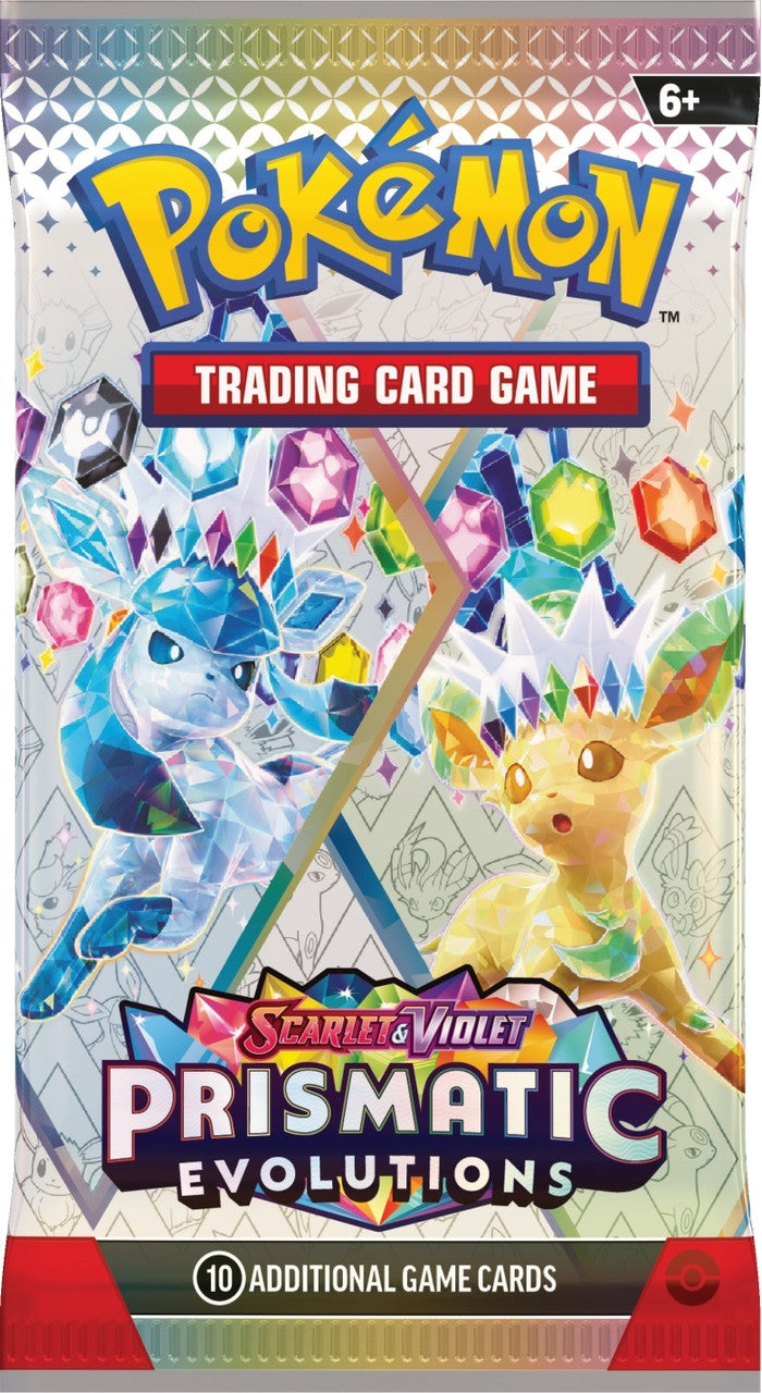 Pokemon Prismatic Evolutions booster pack packaging featuring Glaceon and Leafeon