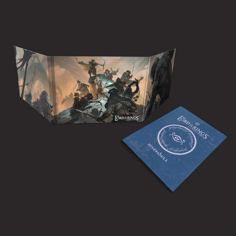 Folding art piece and blue card with 'Lord of the Rings' logo on a dark background