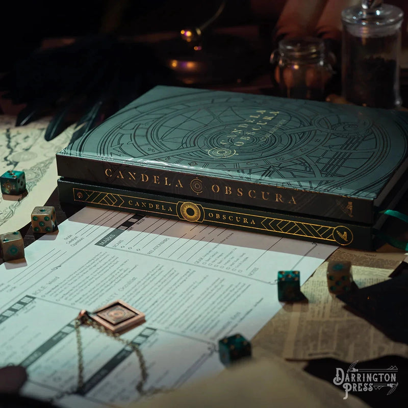 Game box titled 'Candela Obscura' with dice and gaming sheets on a table, featuring the Darrington Press logo.