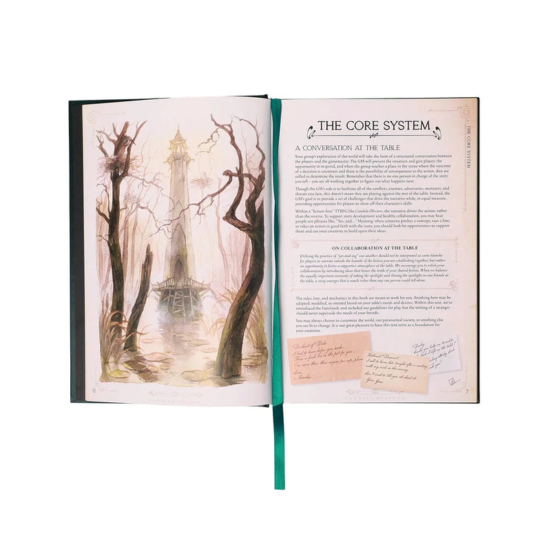 Open book with a scenic illustration on one page and text on the other, on a white background.