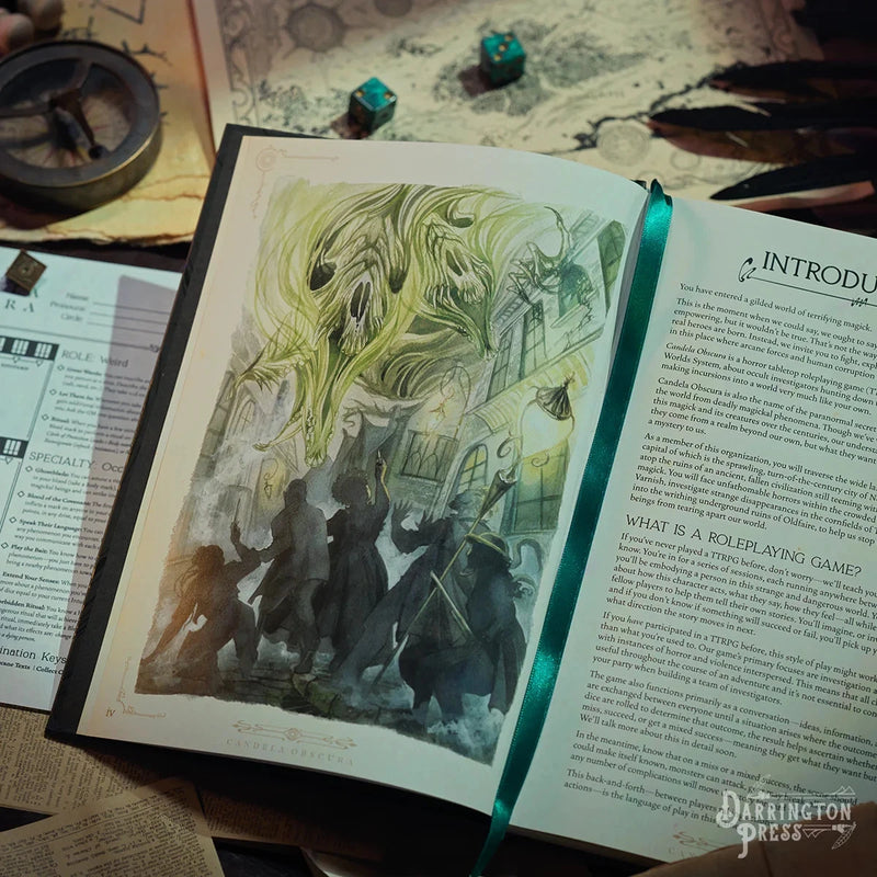 Open book with fantasy illustration and text on a table with gaming components