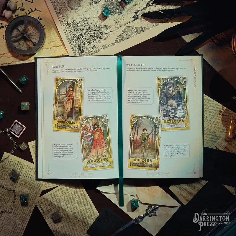 Open book with character cards on a table with dice and map