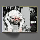 Illustration of a monstrous creature on a book or magazine cover with text and design elements.