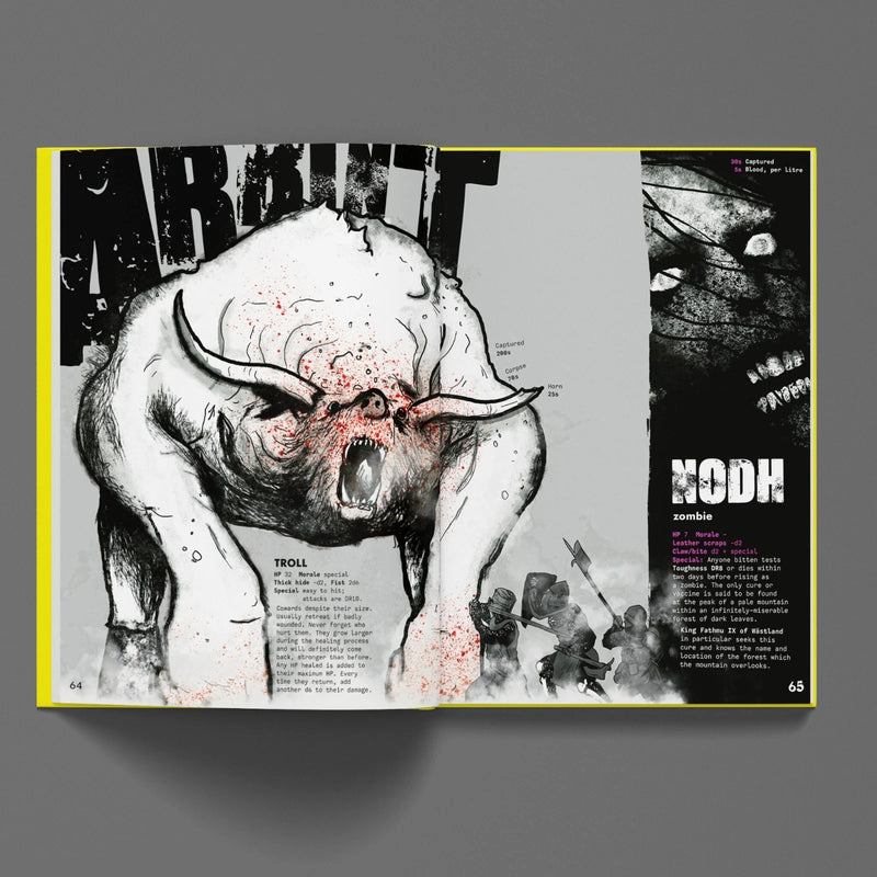 Illustration of a monstrous creature on a book or magazine cover with text and design elements.