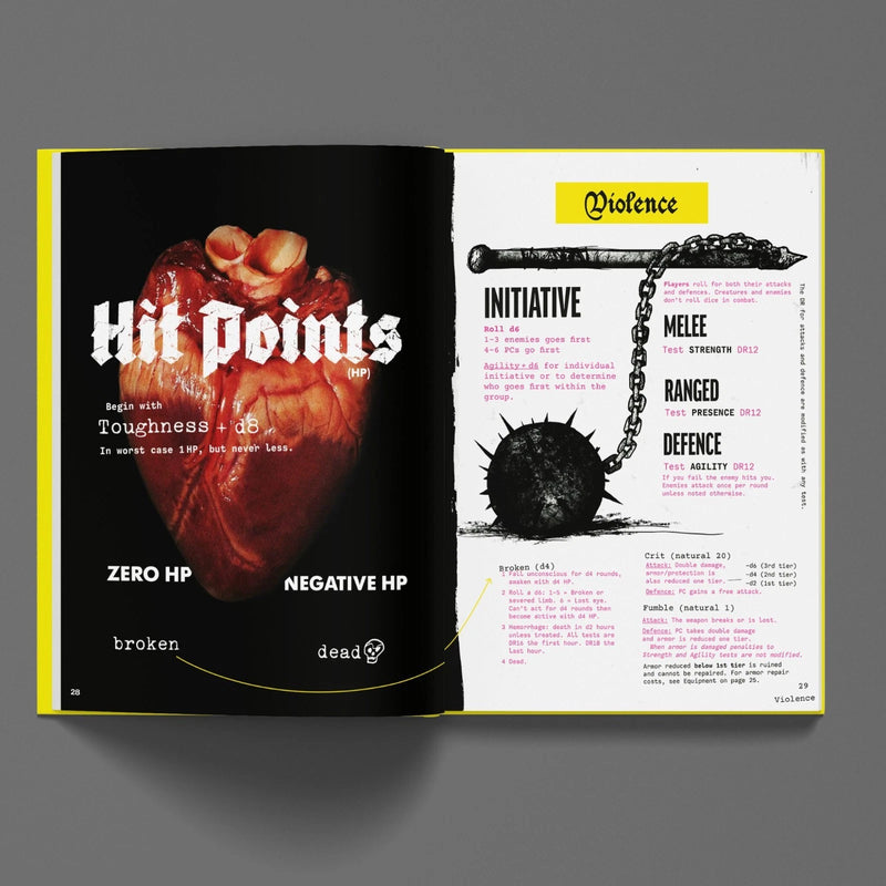 Open book showing a page with a heart illustration and another with game statistics on a gray background.