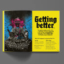 Open book with illustration and text on a gray background