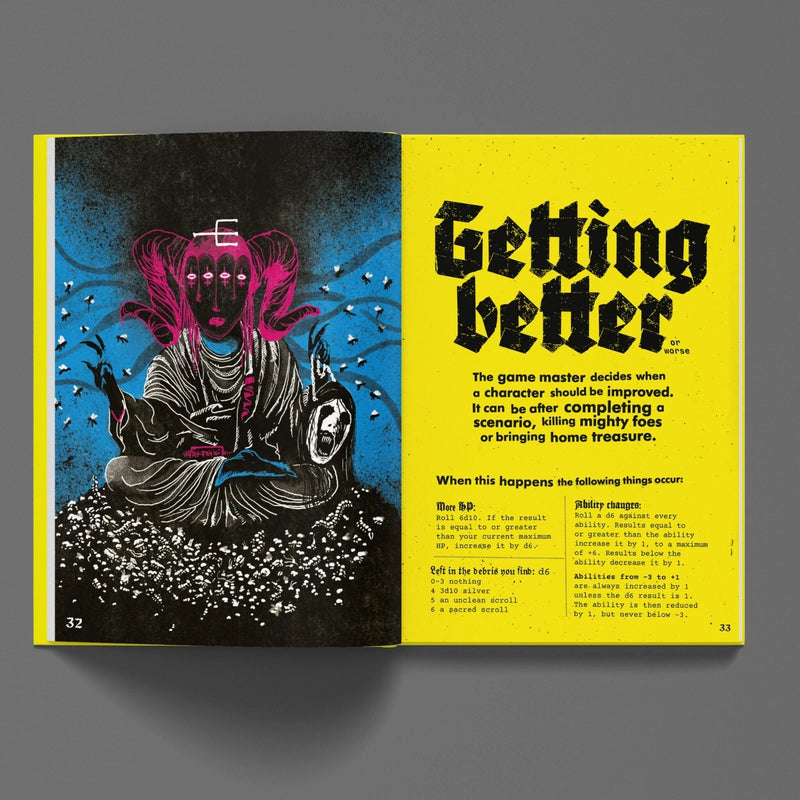 Open book with illustration and text on a gray background