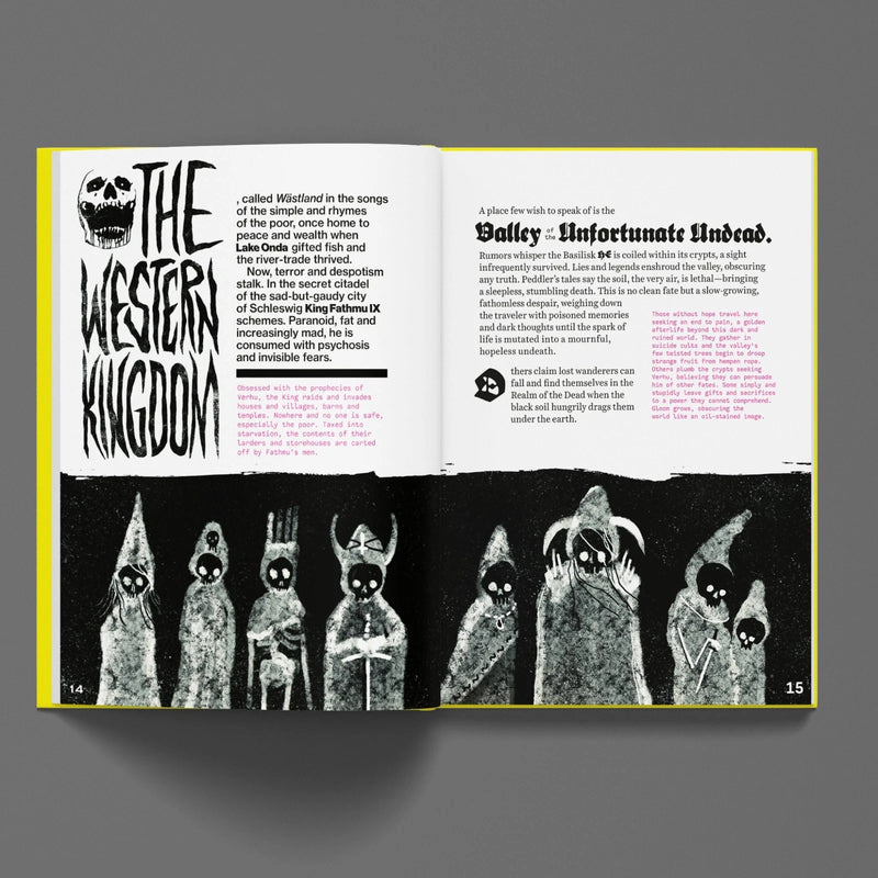 Open book with illustrations and text on a gray background