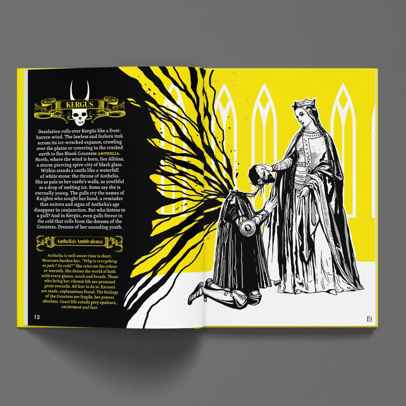 Open book with black and white illustration of a woman and child on a yellow background