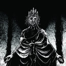 Black and white illustration of a figure in robes with a crown, standing in a dark forest.