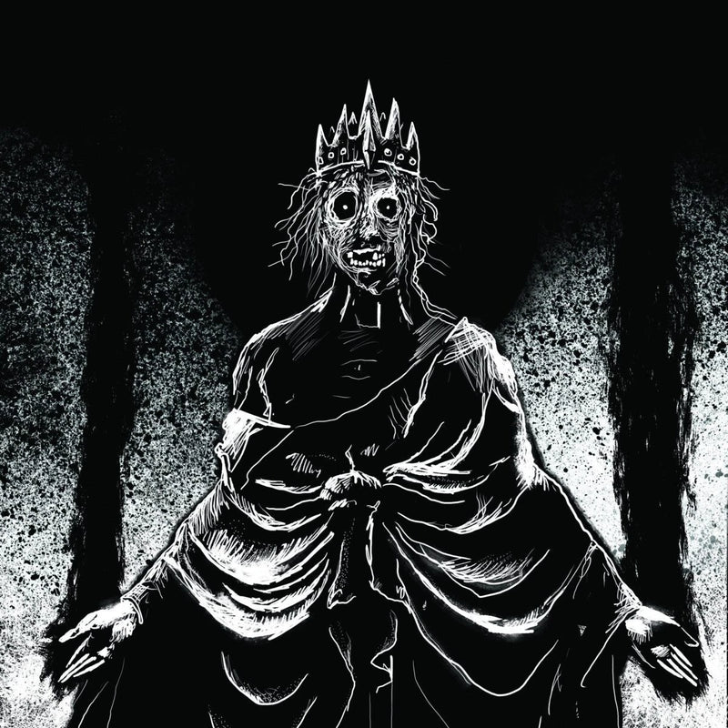 Black and white illustration of a figure in robes with a crown, standing in a dark forest.