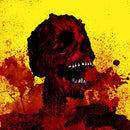 Artistic depiction of a creature with a dark, textured surface on a yellow and red splatter background