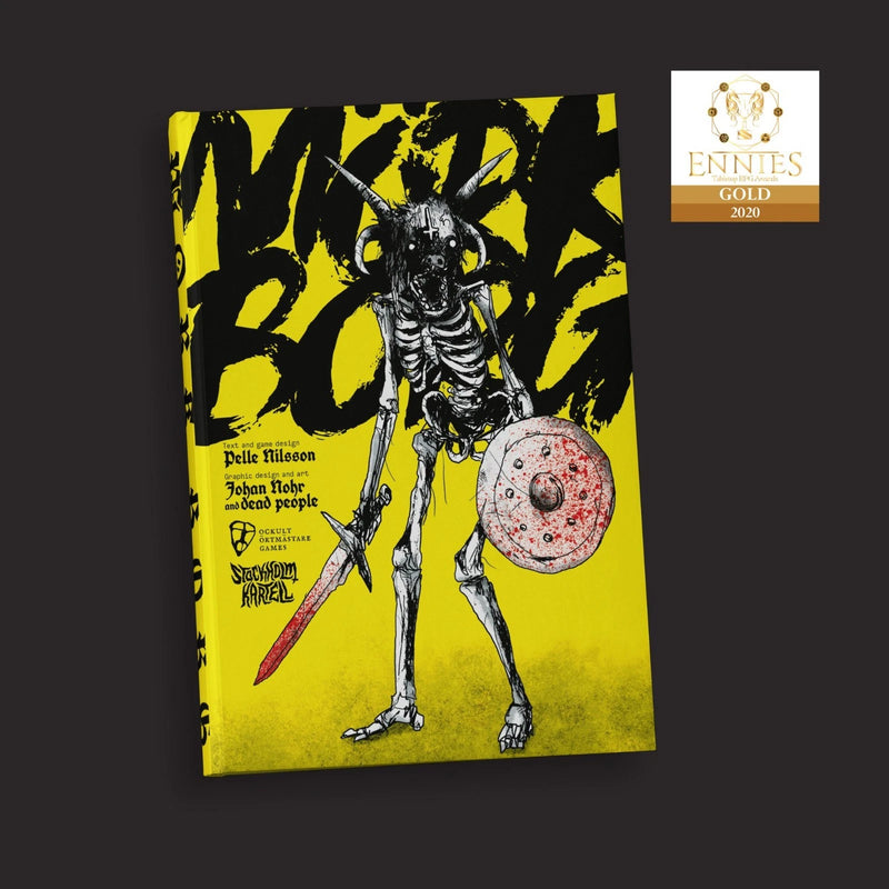 Book cover with a skeleton holding a sword and shield on a yellow background, with a gold award badge on the top right corner.