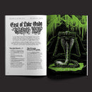 Open book with text and illustration of a serpent on a green background