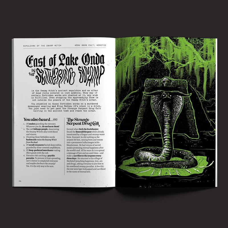 Open book with text and illustration of a serpent on a green background