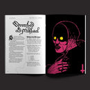 Open book with a pink and black illustration of a skeleton on a dark background