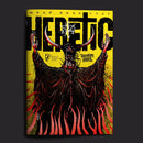 Book cover of 'Heretic' with a demonic illustration on a yellow background