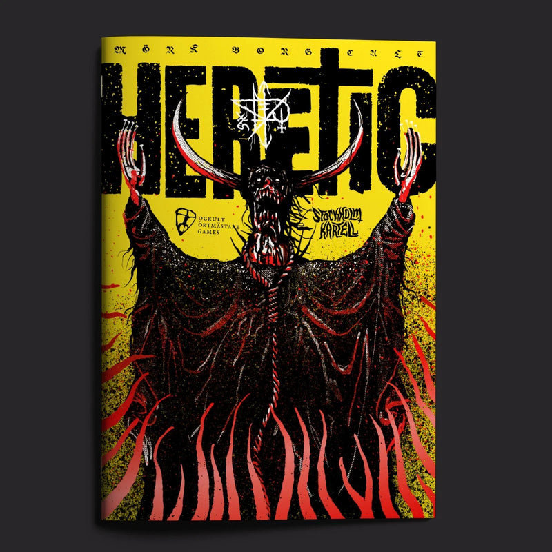 Book cover of 'Heretic' with a demonic illustration on a yellow background