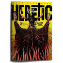 Book cover of 'Heretic' with a demon illustration on a yellow background