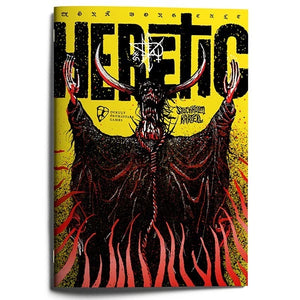 Book cover of 'Heretic' with a demon illustration on a yellow background