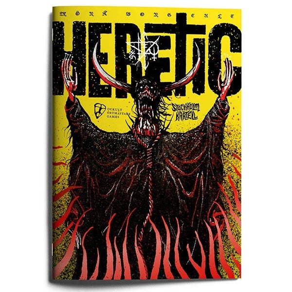 Book cover of 'Heretic' with a demon illustration on a yellow background