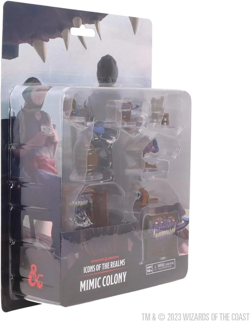 Packaged toy set titled 'Mimic Colony' from 'Icons of the Realms' with clear plastic window.