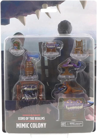 Packaged toy set titled 'Mimic Colony' from 'Icons of the Realms' with clear plastic window.