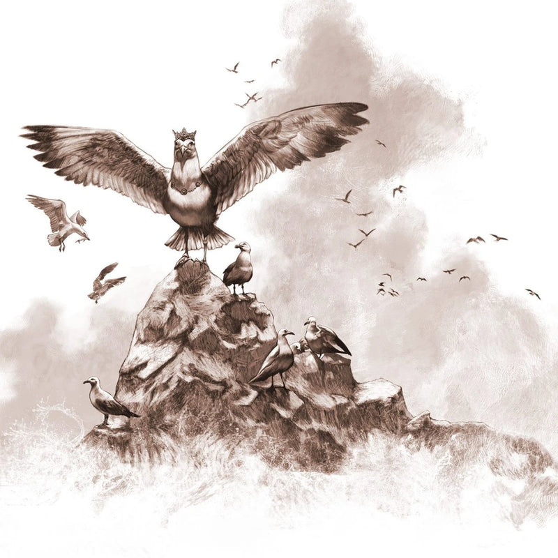 Illustration of a large bird perched on a rocky outcrop with smaller birds around, in sepia tones.