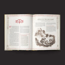 Open book with text and illustrations on a dark background