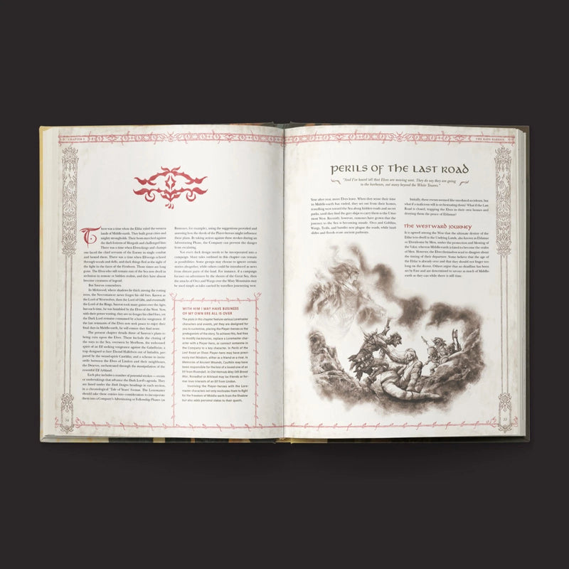 Open book with text and illustrations on a dark background