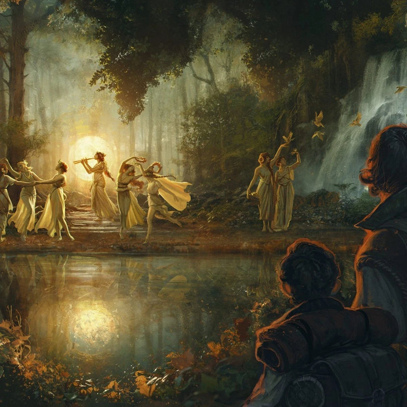 Majestic scene of fairies dancing by a waterfall with a person observing.