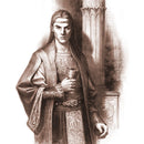 Illustration of a person in historical or fantasy attire holding a cup, standing against a neutral background.