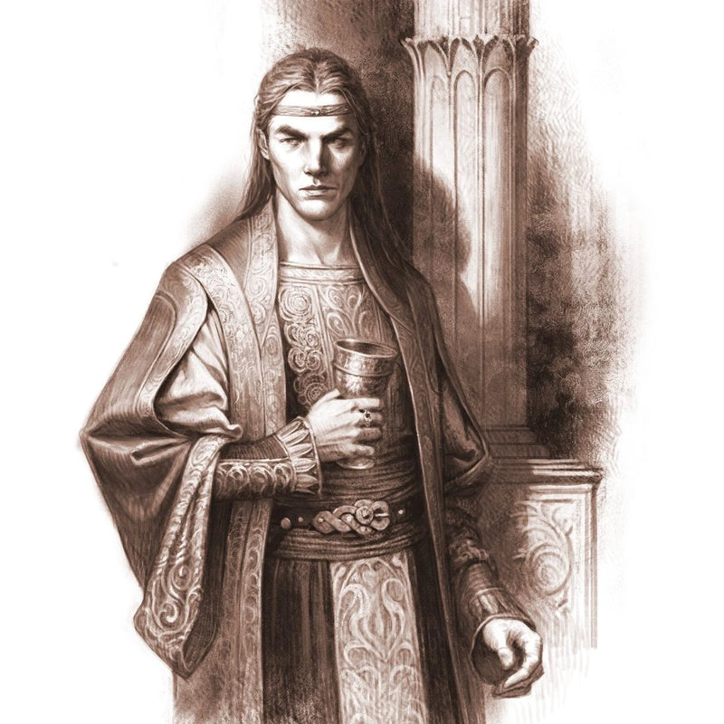 Illustration of a person in historical or fantasy attire holding a cup, standing against a neutral background.