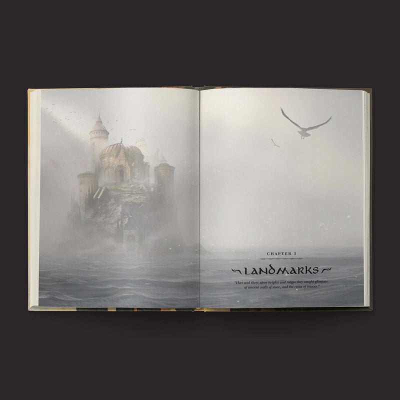 Open book with a foggy landscape and castle on the left page, and a bird in flight on the right page.