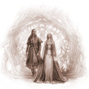 Illustration of two people in elaborate costumes standing in front of a swirling, abstract design.