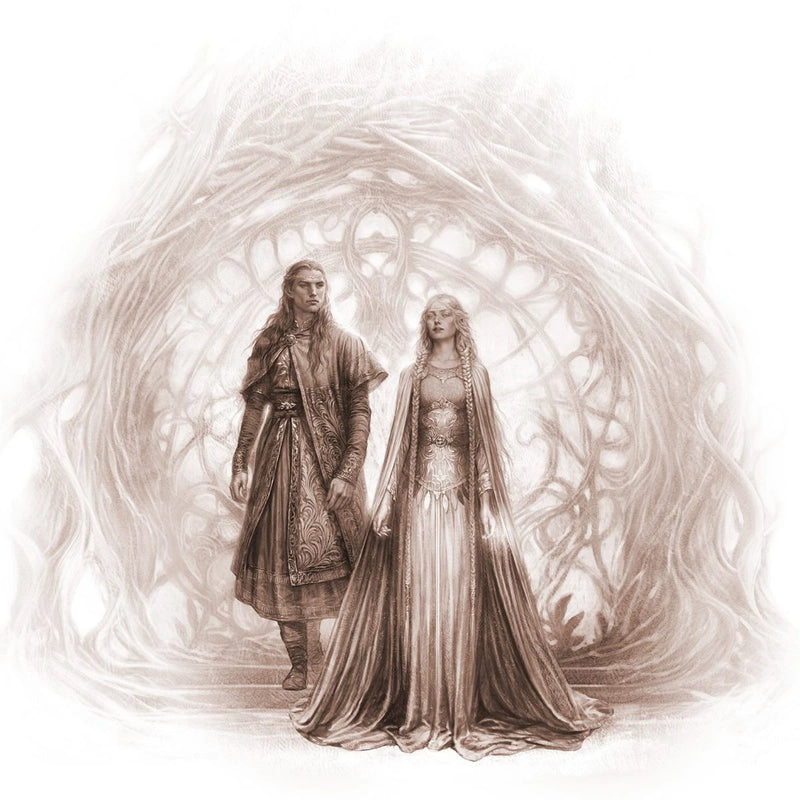 Illustration of two people in elaborate costumes standing in front of a swirling, abstract design.
