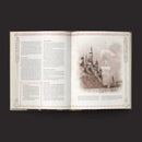 Open book with text and a sepia-toned illustration of a castle on a dark background