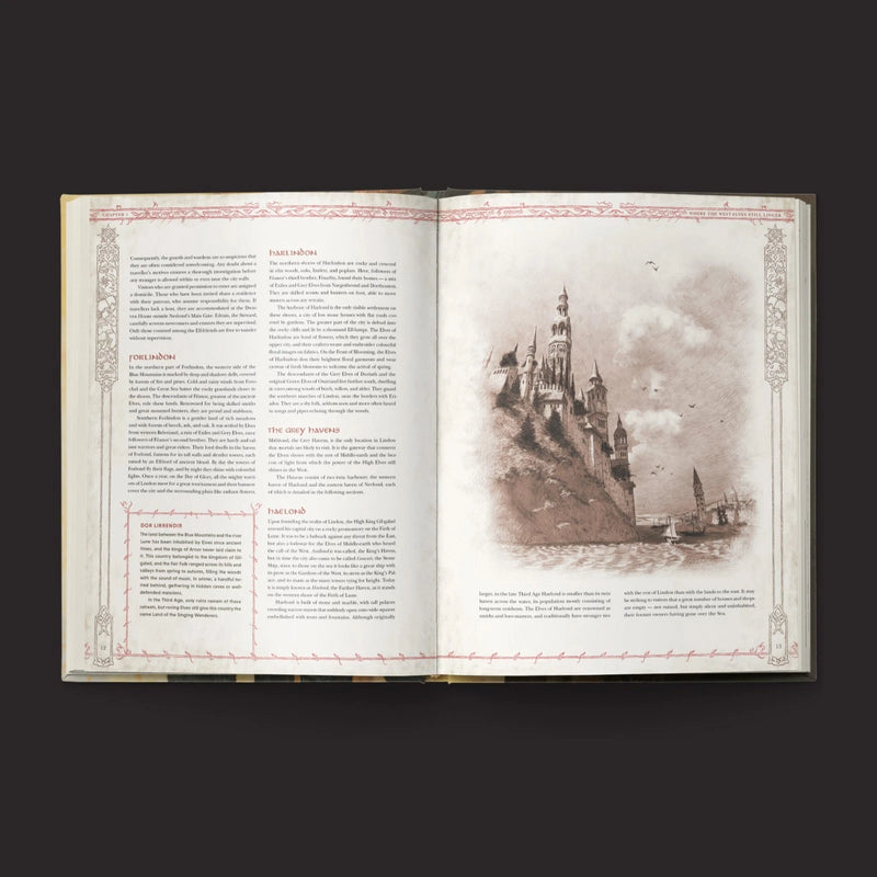 Open book with text and a sepia-toned illustration of a castle on a dark background
