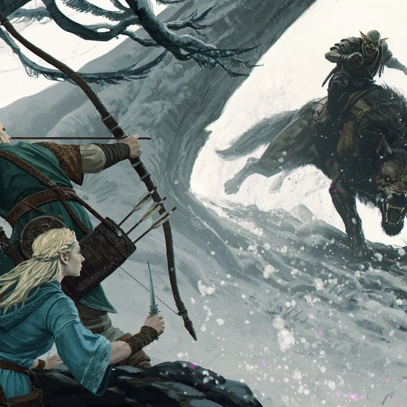 Two characters on horseback in a snowy landscape with a dragon in the background