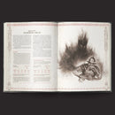 Open book with text and illustration of a warrior and creature on a dark background