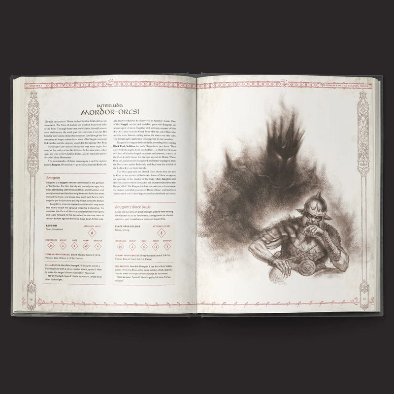 Open book with text and illustration of a warrior and creature on a dark background