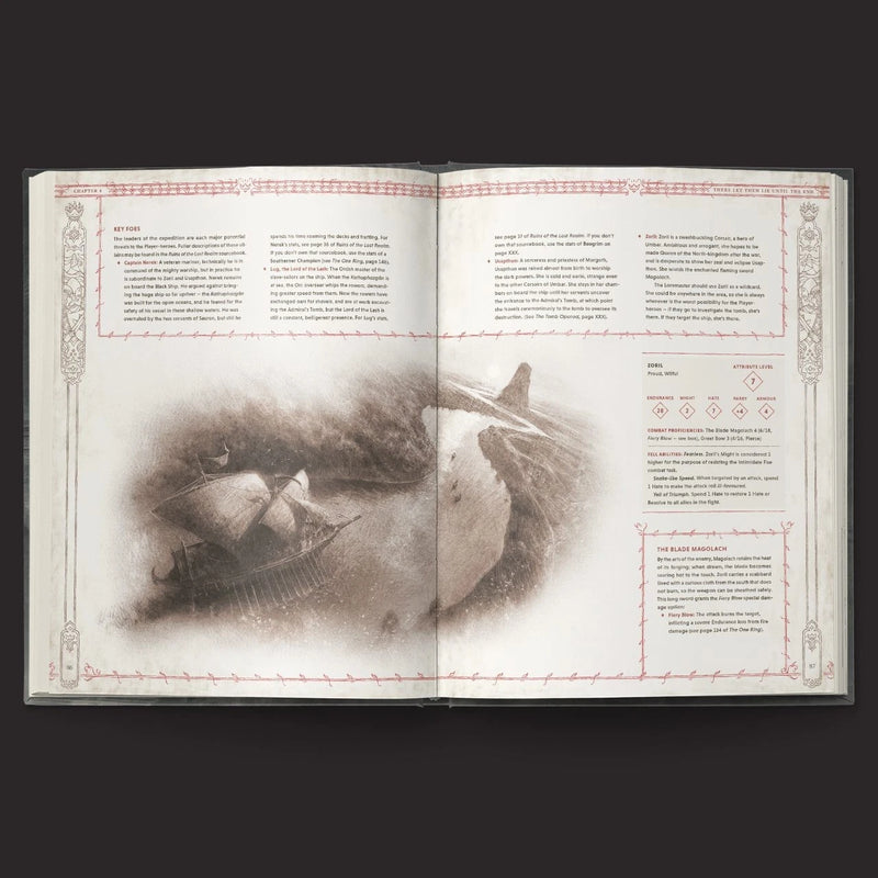Open book with illustrations of a whale and a ship on a dark background
