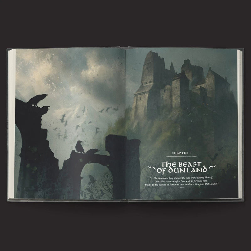 Open book showing a fantasy scene with a castle and dragon silhouette.