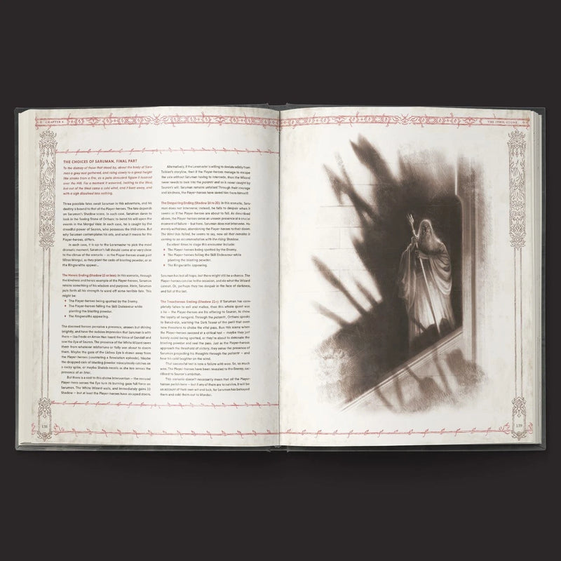 Open book with text on one page and a black and white photograph of a figure on the other, against a dark background.