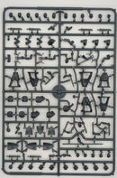 Plastic model kit tray with various small figures and parts on a white background